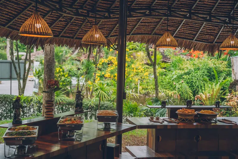 The open-air restaurant at Samui Elephant Kingdom; a half-day elephant visit works on a Koh Samui rainy day