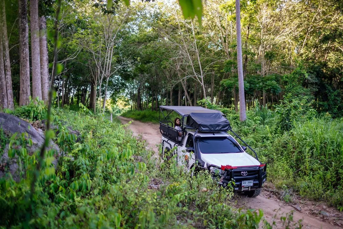 Der 4x4-Safari-Truck von Samui Journey auf einer Schotterpiste durch den Dschungel